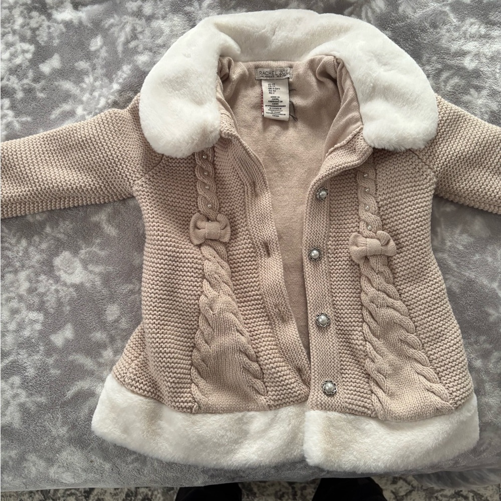 Rachel Zoe Cozy Beige Knit Cardigan with Faux Fur Trim